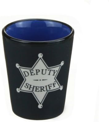 Nostalgic Glass Blue and Black Etched Badges 2.5" By 2" Shot Glass