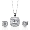 Captivating Luxury: Sterling Silver Celebrity Style Bridal Jewelry Earring/Pendant Set with Cushion-Shape CZ Diamonds