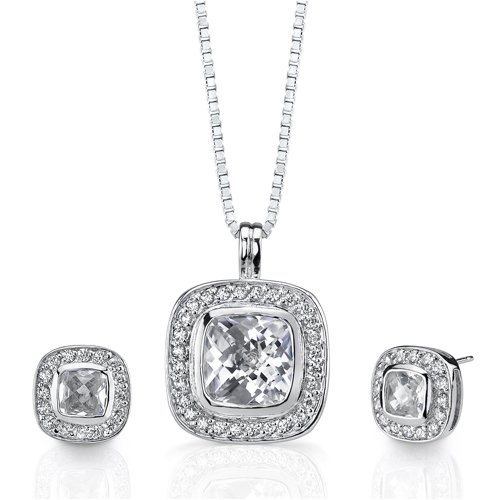 Captivating Luxury: Sterling Silver Celebrity Style Bridal Jewelry Earring/Pendant Set with Cushion-Shape CZ Diamonds