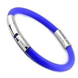 Round Stainless Steel and Blue Rubber Bracelet with Cut Out Cross Design