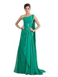 One Shoulder Chiffon  Draped Mini Dress  with a Watteau Train  With Rhinestones