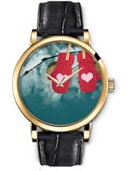 SPRAWL Aanalog Fashion Series Gold Ladies Watches of Genuine Black Leather Strap,Unique Wrist Watch for Women Girls Designed with Red gloves hanging on branch