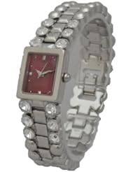 Q and Q Women Analog Watch Silver Band with Red Dail