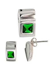 Sterling Silver Matte-finish Fancy Earrings (11mm tall) & Pendant Slide (15mm tall) Set, w/ Princess Cut Emerald-colored CZ Stones