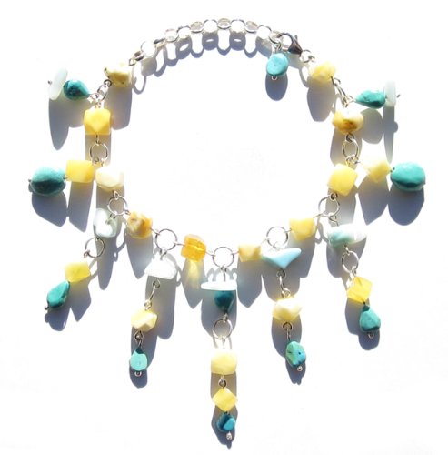 Multicolor Amber, Turquoise and Sterling Silver Bracelet, 8"