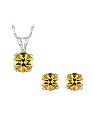 1 Carat Citrine Genuine Round Earrings and Pendant Set Sterling Silver