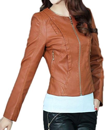 ShanMou Women's Autumn Body Fit Casual PU Leather Jackets 90705(Brown,Large)