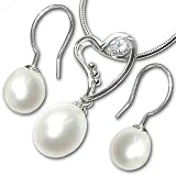 CLEVER SCHMUCK-SET Silberner Perlenanhänger herzförmig mit Zirkonia mit Perlenohrhänger als Ohrhaken ECHT SILBER 925 rhodiniert mit Schlangenkette 45 cm