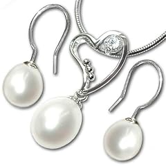 CLEVER SCHMUCK-SET Silberner Perlenanh�nger herzf�rmig mit Zirkonia mit Perlenohrh�nger als Ohrhaken ECHT SILBER 925 rhodiniert mit Schlangenkette 45 cm