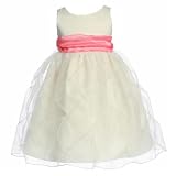 Baby Girls Tulle Dress - White Poly Satin with Salmon Sash (6M - 24M)