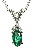 Oval Shape Emerald and Diamond Pendant Necklace, 14k White Gold, 18 Chain (T.w 0.35)