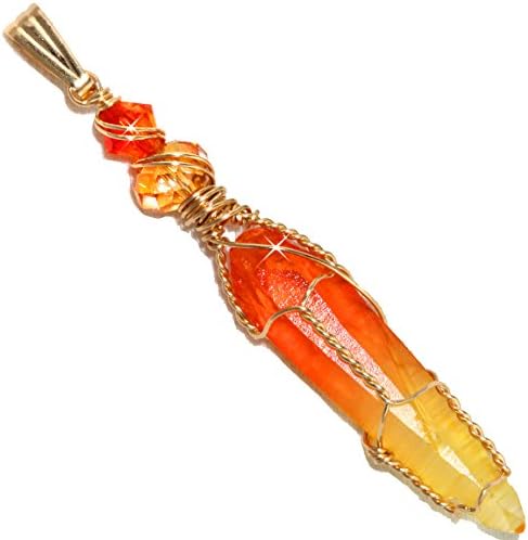 Sunset Aura Quartz Crystal Wire Wrap Pendant in 14K Gold Filled By Puppylove