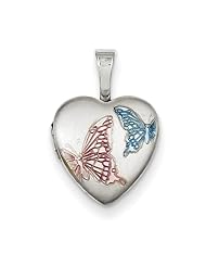 Sterling Silver Enamel Butterflies 12mm Heart Locket