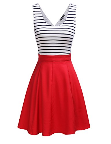 Omeya Womens Sexy Open Back Cocktail Slim Black White Striped Mini Dress L,Red