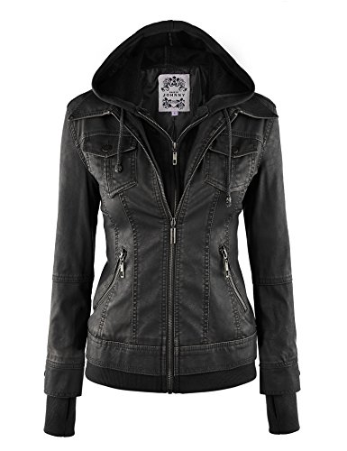 LL WJC664 Womens Faux Leather Jacket with Hoodie L BLACK
