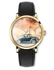 SPRAWL Aanalog Fashion Series Gold Ladies Watches of Genuine Black Leather Strap,Unique Wrist Watch for Women Girls Designed with Dark Blue Car