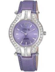 Q and Q Attractive ION-PLATED women silver Case with rhinestones purple leather Band