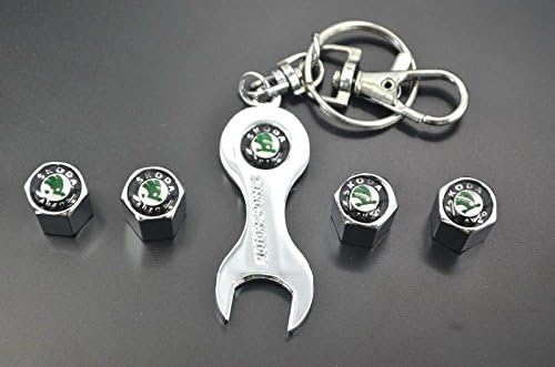 Car Tire Wheel Valve Stems Caps + Key Chain for Skoda Octavia Fabia Superb Yeti