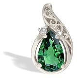 14K White Gold Pear Created Emerald and Diamond Pendant