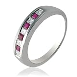 0.50cttw Natural White Princess Shape Diamond (SI-Clarity,GH-Color) Band with Princess Shape Ruby Stone (AA+ Clarity) In 14K White Gold.