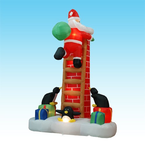 8.5 Foot Inflatable Christmas Santa Claus Climbing Chimney + Penguins Gift Box
