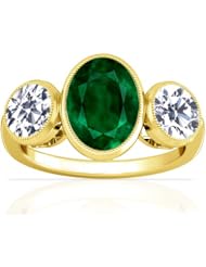 14K Yellow Gold Oval Cut Emerald Three Stone Ring