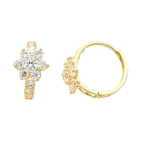 14K Yellow Gold Flower CZ Huggies Earrings for Baby and Children