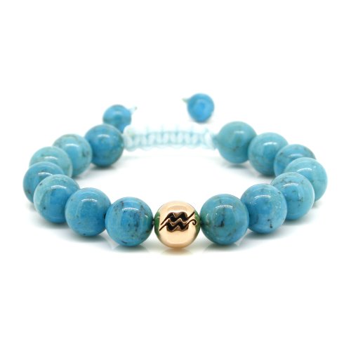Healing Power Natural Gemstones Crystal Zodiac Beaded Bracelet (Aquarius (Rose Gold Plated) + Turquoise)