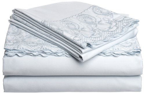 Pike Street 100% Cotton 400-Thread Count Heirloom Lace Embroided Sheet Set, Light Blue, King