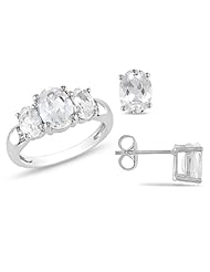 Sterling Silver 6 3/4 CT TGW Oval Created White Sapphire Ring and Earring Set (8 x 6 mm)