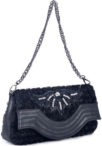 Dasein Fashion Mini Rosette Shoulder Bag Clutch w/ Beaded Design -Black