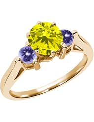 0.71 Ct Round Canary Diamond Blue Tanzanite 18K Yellow Gold 3-Stone Ring