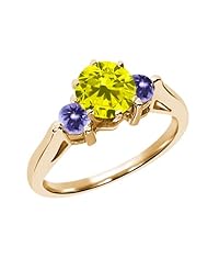 0.71 Ct Round Canary Diamond Blue Tanzanite 18K Yellow Gold 3-Stone Ring