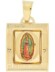 14k Yellow Gold, Virgin Mother Mary Guadalupe Pendant Charm with Colorful Enamel Square 15mm Wide