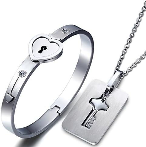 Custom Made Laser Engraving Matching Set Titanium Steel Key & Lock Bangle Bracelet & Necklace