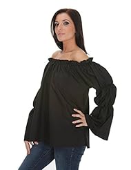Apparel: Halloween Renaissance Pirate Black Chemise Shirt Top Medieval Peasant Wench Sca Blouse SC88523B (M)