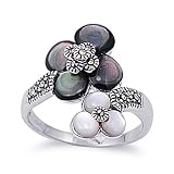 Rhodium Plated Brass Wedding & Engagement Ring Abalone & Mother of Pearl w/ Marcastie Ring 19MM ( Size 6 to 10)