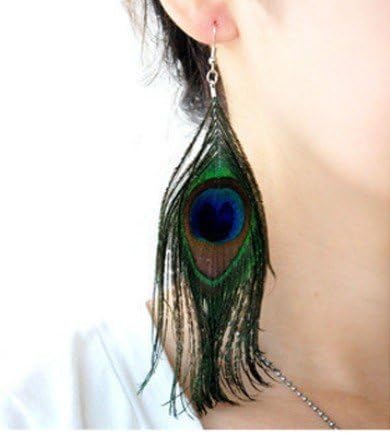 AVOCADO 1 Pair Retro Luxury Long Natural Bohemian Peacock Feather Drop Earrings Ethnic Colored Earrings Wild Fashion Earrings