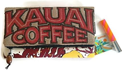 Repurposed Kauai Coffee Bag. Foldover Clutch with Koa Wood Pull. Handmade in Hawaii by Manila Extract.