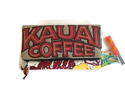 Repurposed Kauai Coffee Bag. Foldover Clutch with Koa Wood Pull. Handmade in Hawaii by Manila Extract.