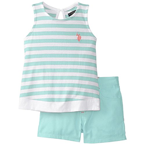 U.S. POLO ASSN. Little Girls' Striped Tank Top and Solid Short Shorts Set, Frozen Aqua, 4