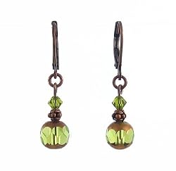 Earrings - E190 - Crystal and Copper Plated Glass Beads ~ Olive Green