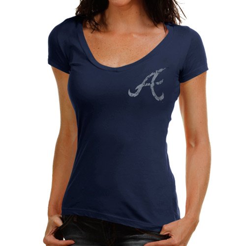 Majestic Threads Atlanta Braves Ladies No Strikes Premium V-Neck T-Shirt - Navy Blue (Small)