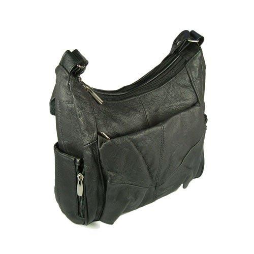 Genuine Leather Women’s Hobo Handbag with Cell Phone Pocket (Black)