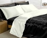Double Bed Satin Black & Cream Reversible 6 Piece Bedding Set Duvet Cover,FTD Sheet+Pillowcases