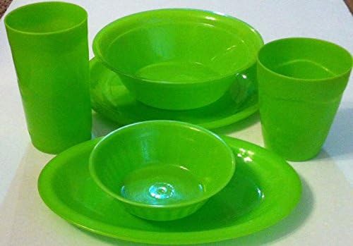Green 6-Piece Plastic Dinnerware Set - 2 Plates, 2 Tumblers, Bowl, Ice cream bowl