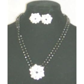 Graduated Black Onyx Pearl Choker Necklace with Diamel on Sterling Silver Locket and Earrings for...