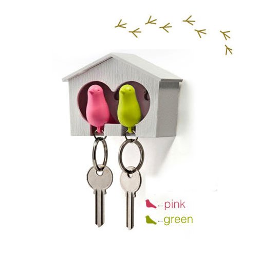 DUO Wood House Sparrow Bird Key Ring + Key Holder + Whistle - Green/Pink Bird