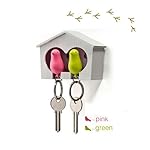 DUO Wood House Sparrow Bird Key Ring + Key Holder + Whistle - Green/Pink Bird