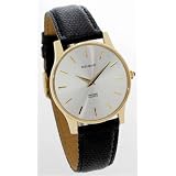 Geneve Mens Watch Solid 14 Karat Gold Watch with Black Leather Strap Model GE-2258-SSBL